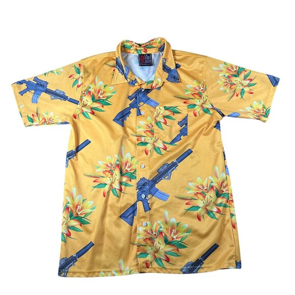 OAF Nation Mens L Yellow Hawaiian Floral Tropical Tactical Gun Button Up Shirt - Picture 1 of 10